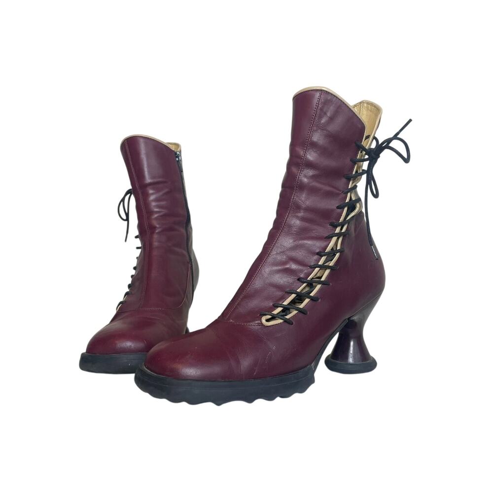 RARE - John Fluevog Mini Lover Boots Burgundy Purple Leather Heels Size 11 Lace